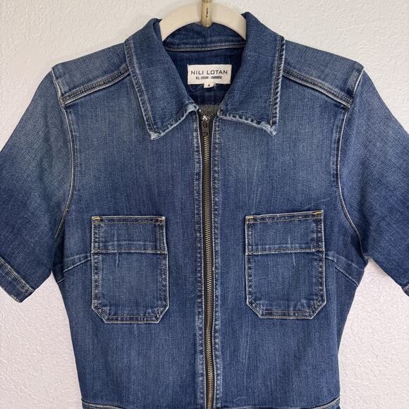 Nili Lotan Cannes Denim Jumpsuit Womens 4 Zip Front Workwear Utility Dark Blue - Picture 4 of 12